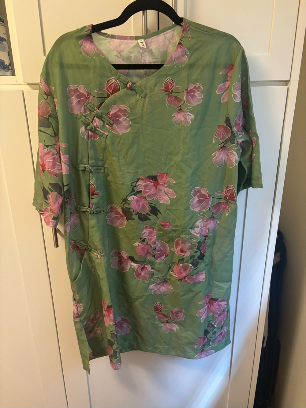 Green Floral Shift Dress with Pink Blossoms